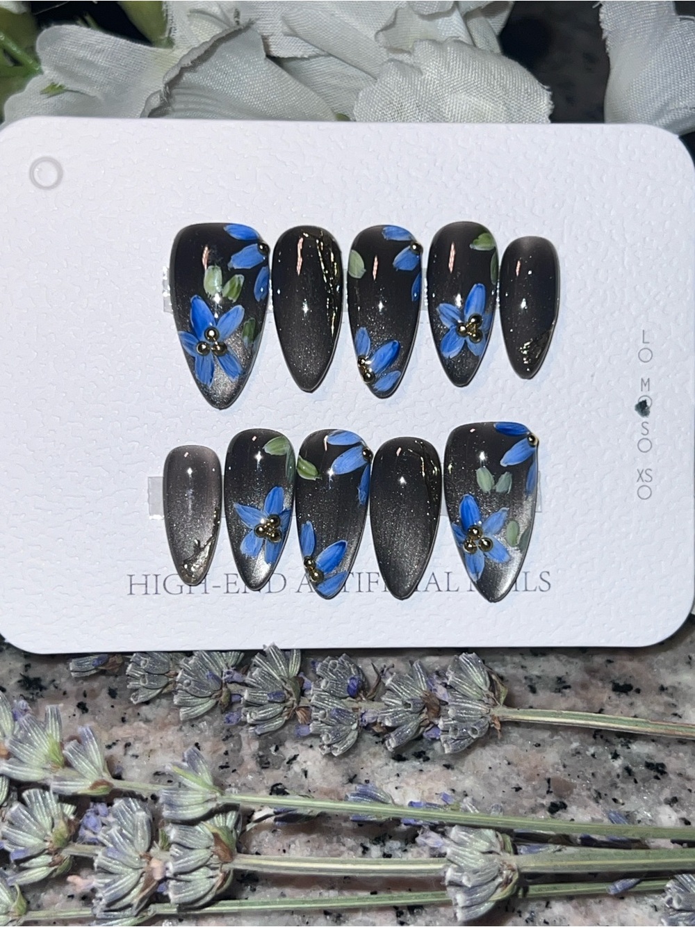 Black Press-On Nail Set with Hand-Painted Blue Floral Accents